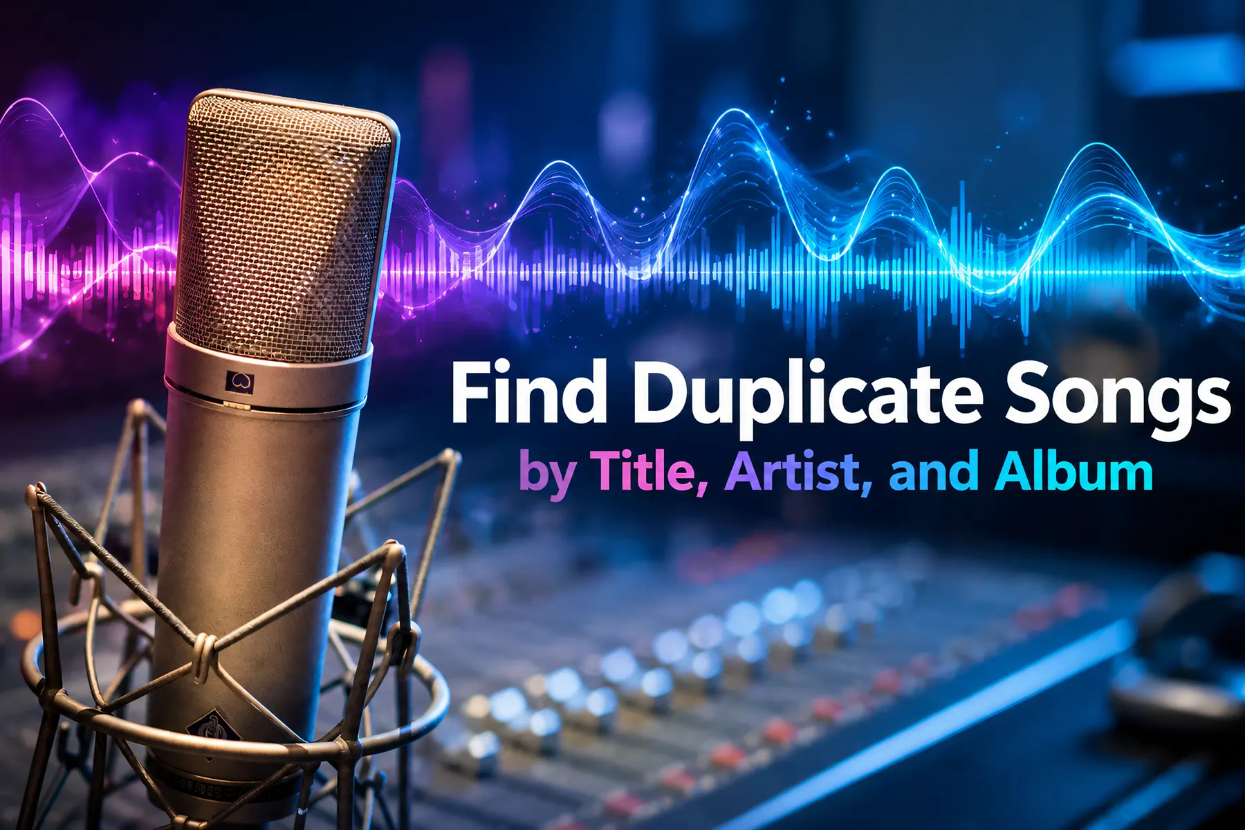 Duplicate Song Finder with audio waves and studio microphone