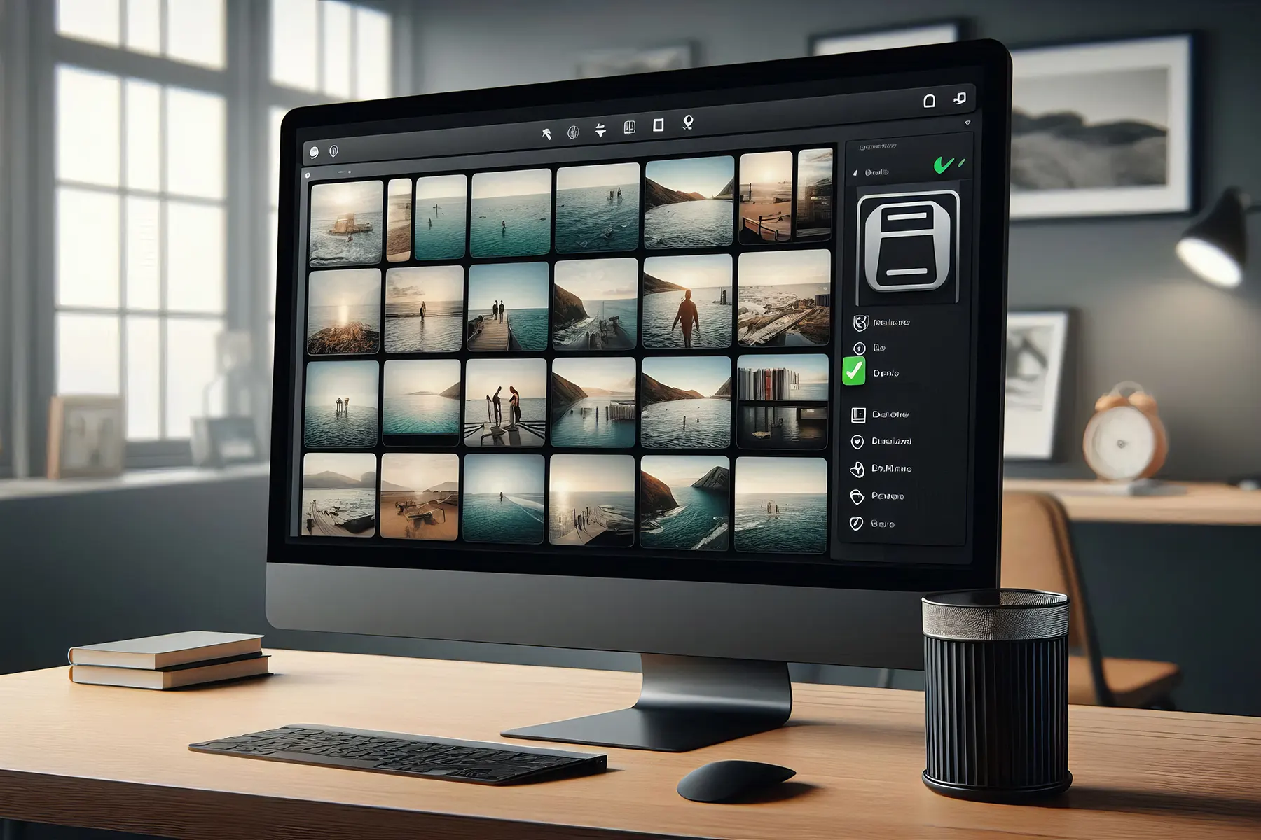Duplicate photo cleaner displaying grouped duplicate and similar images on a computer screen for removal and organization.