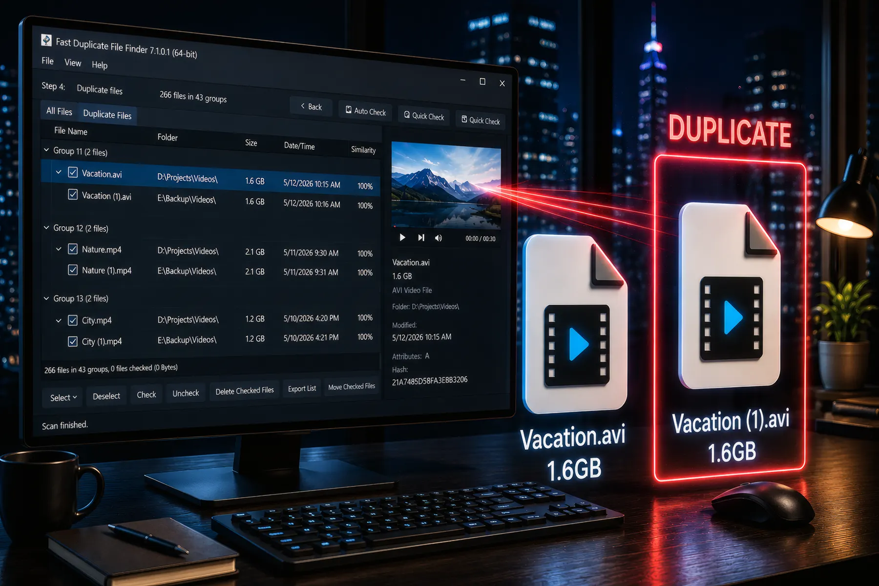 Duplicate file finder detecting identical files Vacation.avi and Vacation (1).avi with same size 1.6GB