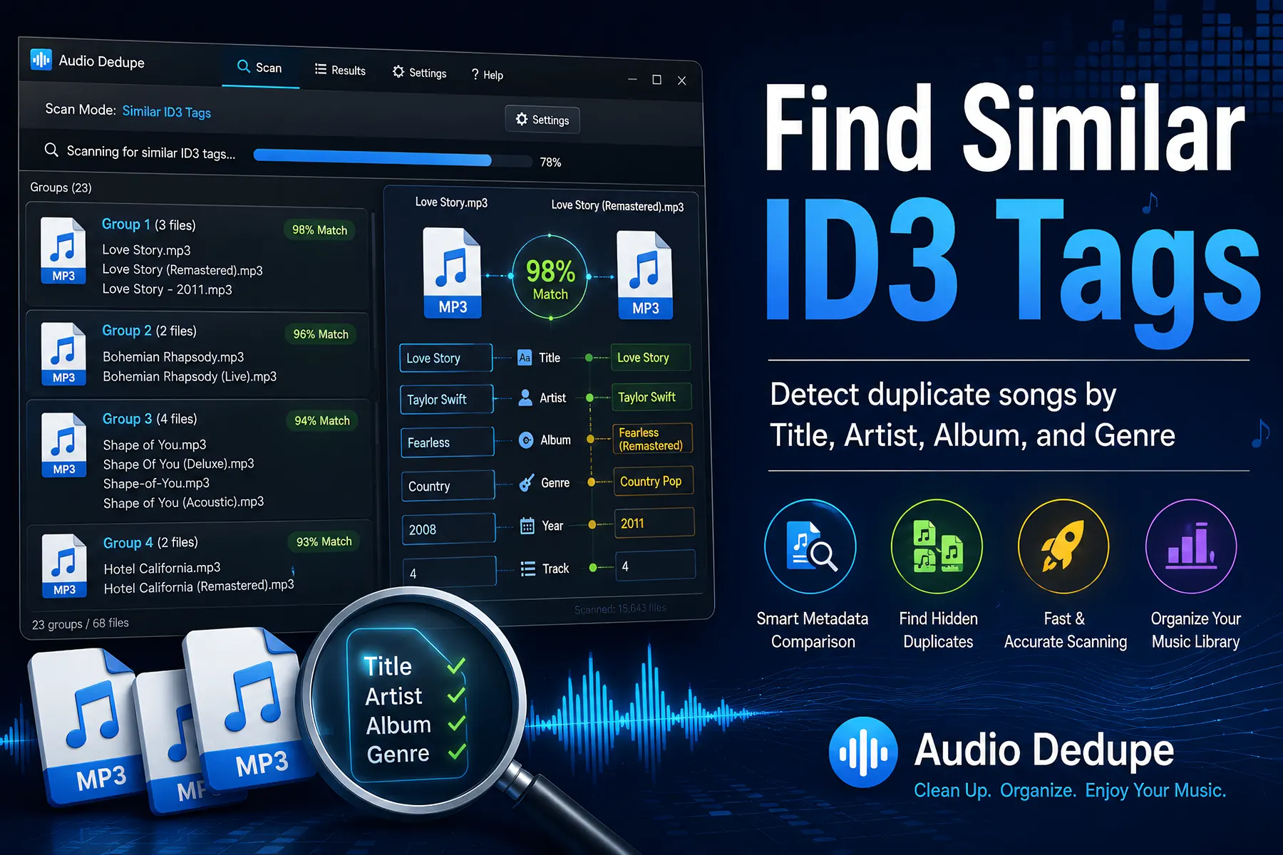 Audio Dedupe software scanning MP3 files with similar ID3 tags including Title, Artist, Album, and Genre to find duplicate songs