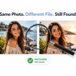 Illustration showing a duplicate photo cleaner detecting two similar photos of a smiling woman using visual similarity analysis, despite changes in color and lighting, with a 98% similarity match.