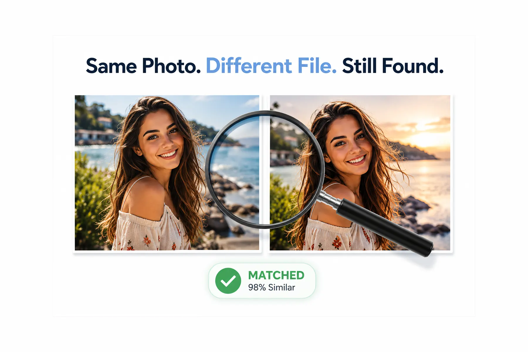 Illustration showing a duplicate photo cleaner detecting two similar photos of a smiling woman using visual similarity analysis, despite changes in color and lighting, with a 98% similarity match.
